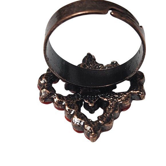 Vintage Red Beaded Ring Copper Tone Adjustable Geometric Design Retro Fashion - Picture 4 of 4